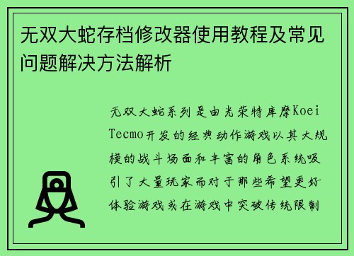 无双大蛇存档修改器使用教程及常见问题解决方法解析