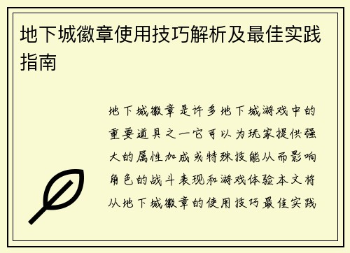 地下城徽章使用技巧解析及最佳实践指南